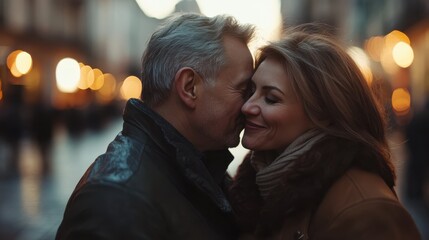 Mature husband kissing wife on forehead in the street in the evening. Romantic senior man giving a kiss to her woman in the city street. Loving middle aged couple in love at dusk.