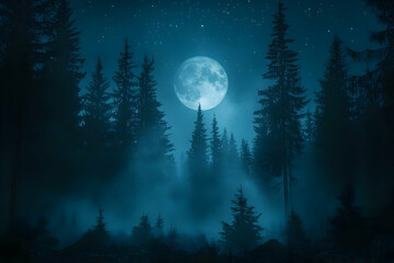 Naklejka premium Full moon illuminating a misty forest at night.