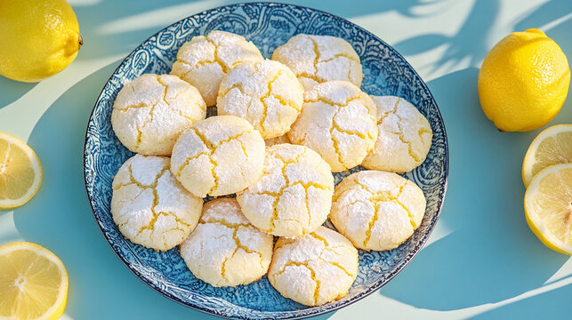 Newly baked lemon crinkle cookies arranged on a blue platter with day light