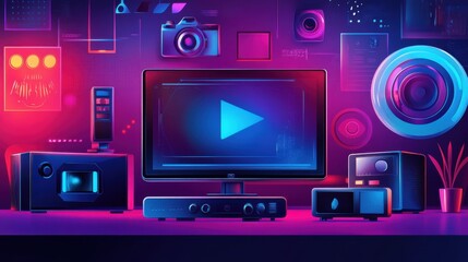 Fototapeta premium Watch TV abstract concept vector illustration set. UHD smart TV, smart TV box, 4k video content, home entertainment movie theatre, online video service, leisure time, television abstract metaphor.