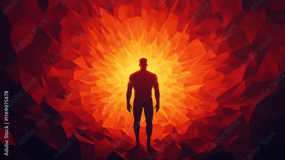 Poster abstract silhouette of a male figure against a dynamic fiery background with geometric patterns, emp