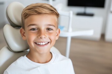 A smiling small boy enjoys his visit to the dentist, capturing the positivity and ease brought by child-focused care in a modern dental environment.