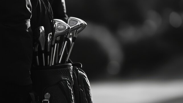 Golf clubs in a stylish bag during early morning practice at a local course with a serene backdrop