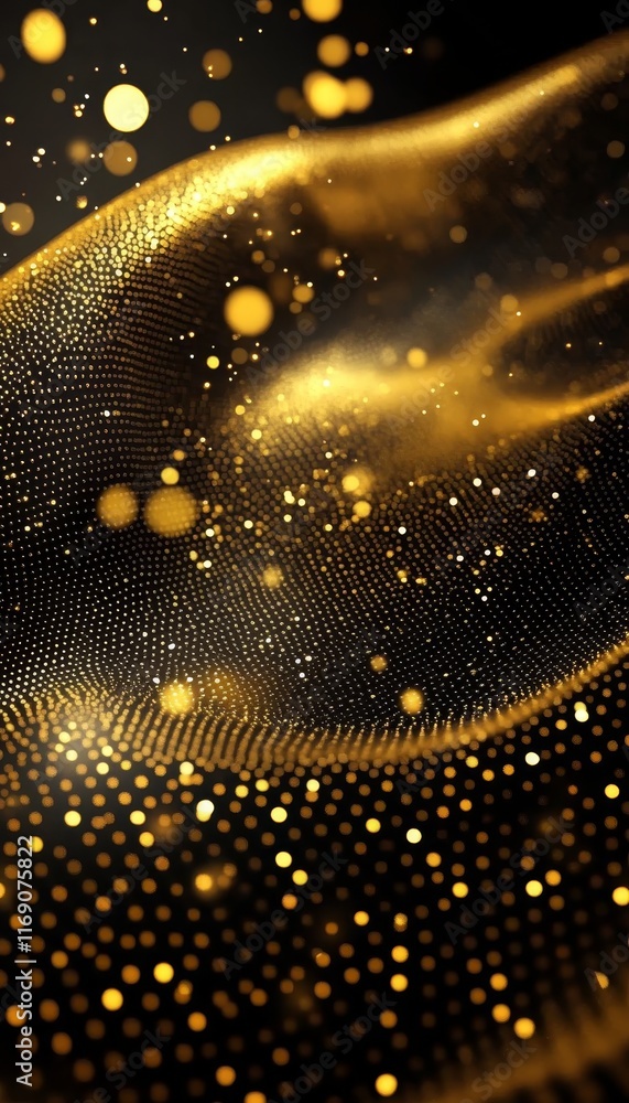 Poster abstract golden wave pattern, a digital texture of bokeh lights and swirling design background.