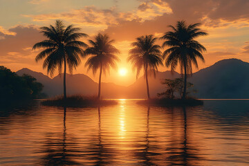 Obraz premium Idyllic sunset over a tranquil tropical island with three palm trees, reflecting in calm waters.
