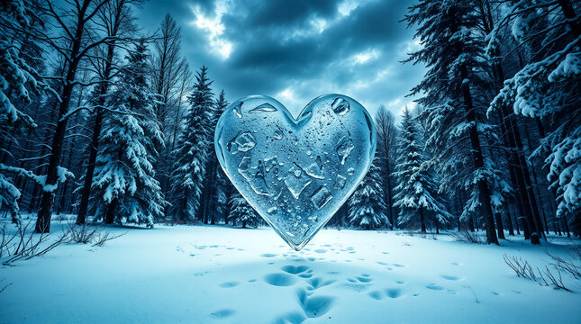 an icy heart in a winter New Year's forest from a high-angle perspective, featuring intense dramatic weather, stormy skies, and high tension