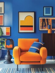 Orange Armchair in a Blue Room with Artwork