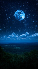 Fototapeta premium Full moon over a dark landscape at night with stars and clouds.