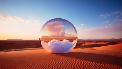 Round glass sculpture in desert at sunset, minimalistic landscape
