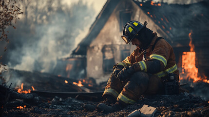 Exhausted firefighter sitting among ruins. A fireman in protective gear rests after battling flames, with a burned house in the background.