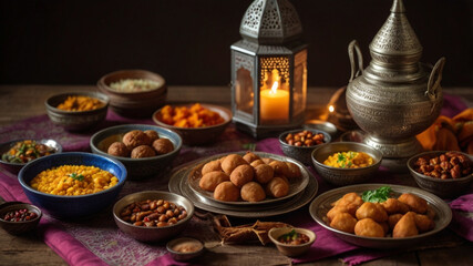 Naklejka premium a beautifully photograph of traditional Ramadan foods displayed on a rustic wooden table
