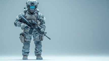 Futuristic soldier in camouflage uniform holding rifle.
