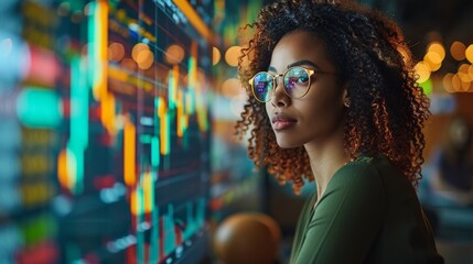 Woman in glasses looking at data display. AI generative. .