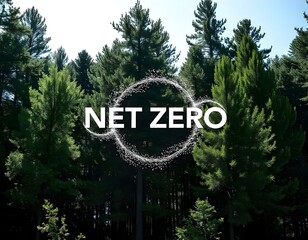 A lush and thriving forest with a variety of plants and trees, including tropical species. The text 'NET ZERO' is showcased in a bold circular shape