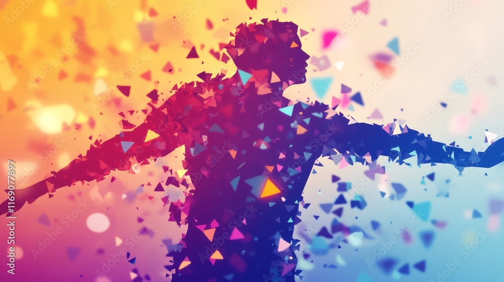 Poster artistic representation of a person breaking free with colorful fragmented shapes symbolizing freedo