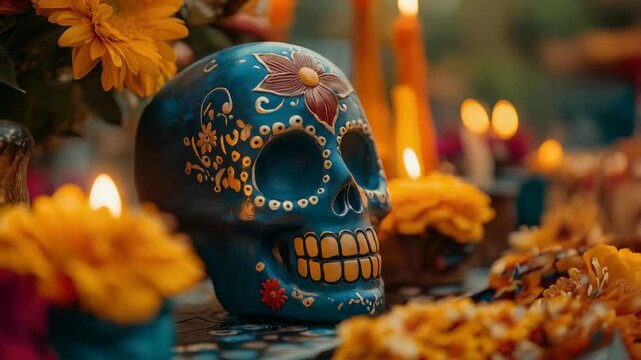 A vibrant blue sugar skull adorned with intricate floral designs, surrounded by glowing candles