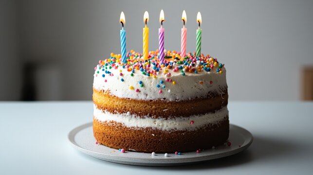Festive funfetti birthday cake decorated with colorful sprinkles and candles ready for celebration and enjoyment