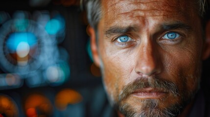 Close-up portrait of a man with blue eyes and a beard, with out-of-focus lights in the background. AI generative. .