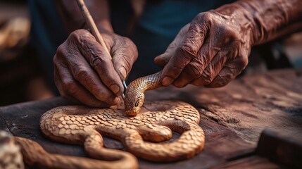 Fototapeta premium Elderly Artisan Carving Wooden Snake Charm