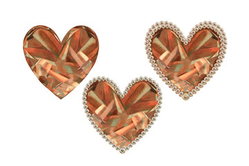 Heart from gold chain. Set of watercolor orange crystal in the shape of a heart in a pearl frame, in pink brown, in a mocha mousse palette. Template illustration for wedding, Valentine's Day greeting