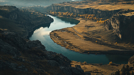Scenic river winding through rocky terrain in a tranquil landscape during early morning light