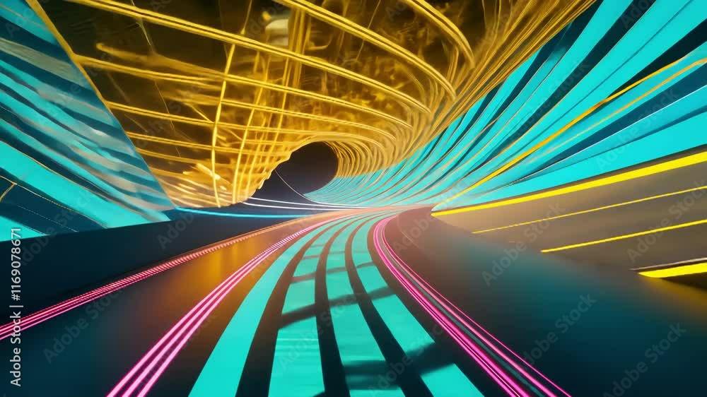 Poster a vibrant, dynamic scene with colorful lines and reflections suggesting speed and futuristic design