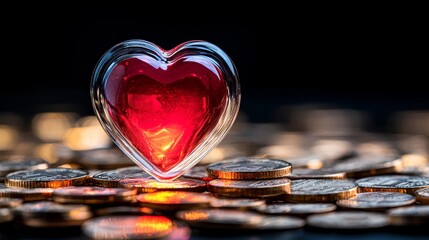 Red heart figurine illuminated vividly against a monochrome backdrop of shiny gold coins, creating a stark yet emotional visual narrative