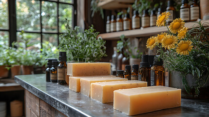 Handmade soap bars and essential oils displayed on a rustic counter in a shop.