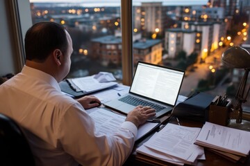 A businessman diligently working at his desk with multiple documents and a laptop, emphasizing focus and commitment to professional success during nighttime.