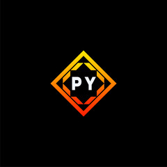 PY initials dynamic geometric logo design features a bold lettering sign in an orange and black color scheme, displayed against a dark background