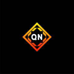 QN initials dynamic geometric logo design features a bold lettering sign in an orange and black color scheme, displayed against a dark background