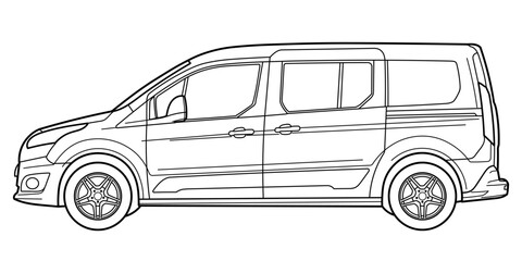 Classic compact family van car. Side view shot. Outline doodle vector illustration   © Anton Baranovskyi