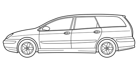 classic station wagon. Different five view shot - front, rear, side and 3d. Outline doodle vector illustration	
