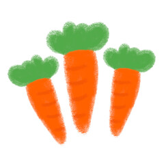 Three cute orange carrots doodle crayon illustration kids eat healthy food vegetables isolated on white digital sticker png transparent