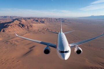 Fototapeta premium This captivating image showcases an airplane flying over a vast desert landscape, highlighting the contrast between technology and nature’s beauty from a stunning altitude.
