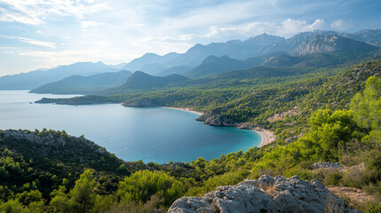 Stunning coastal view of mountains and serene beach at sunset in an idyllic location