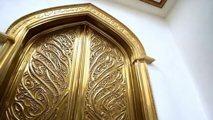 majestic metallic doorway intricate golden patterns stands arched frame seamlessly blending luxury design abstract visuals 4K animation - Powered by Adobe