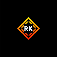 RK initials dynamic geometric logo design features a bold lettering sign in an orange and black color scheme, displayed against a dark background