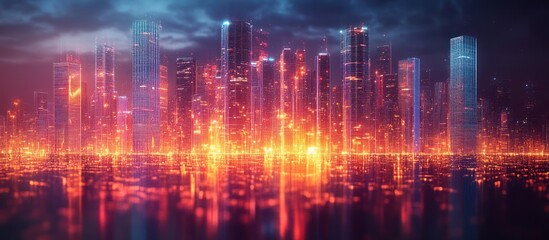 Fototapeta premium Futuristic city skyline at night, reflecting on water.