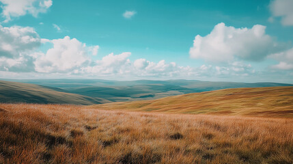 Obraz premium Vast green valleys under a blue sky with scattered clouds in a tranquil landscape