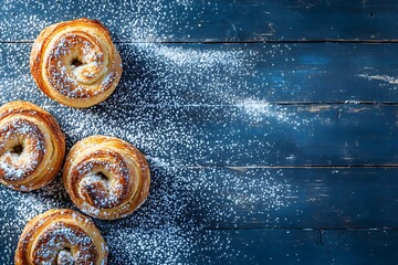 Fototapeta premium Freshly baked croissants with sugar powder on dark blue wooden background