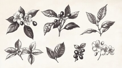 Coffee plants sketch. Vintage black beans, tasty arabica robusta grains. Isolated hand drawn branch and leaf, cafe cafeteria elements