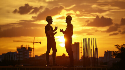Fototapeta premium Business engineers seek blueprints in construction sites at sunset. 