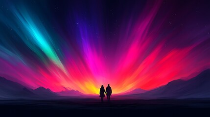Silhouette couple holding hands, watching vibrant aurora borealis over mountain landscape at sunset.