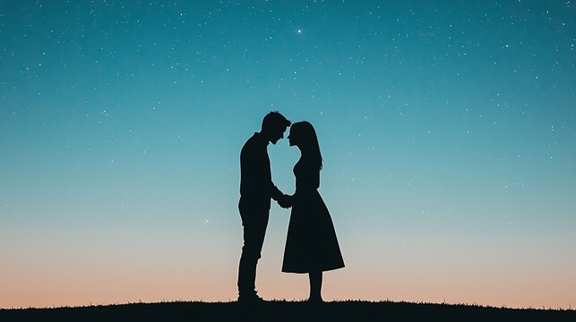 Silhouette of couple holding hands under starry night sky.