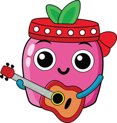 Kawaii Strawberry Jam Jar Icon Holding a Guitar Illustration