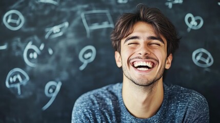 Joyful man, chalkboard background, random drawings.