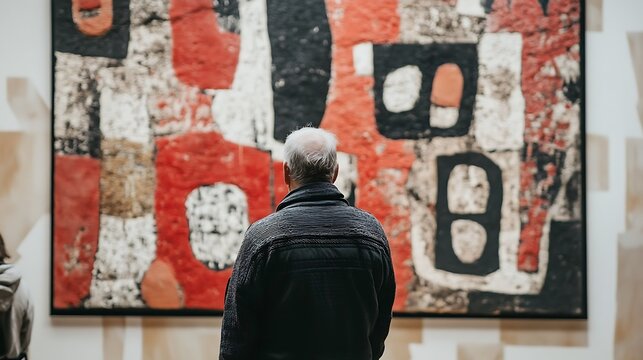Contemplating Abstract Art: A Man Absorbed in a Vibrant Red and Black Masterpiece