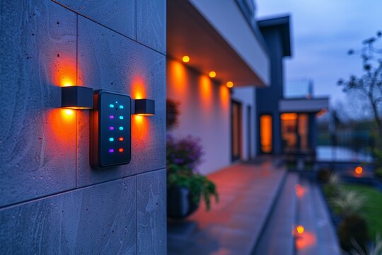 A modern keypad with colorful lights mounted on a gray tile wall. AI generative.