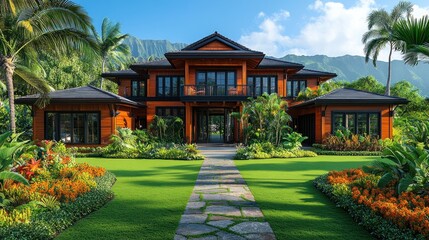 Obraz premium Luxurious tropical home with expansive lawn, stone path, and vibrant landscaping.